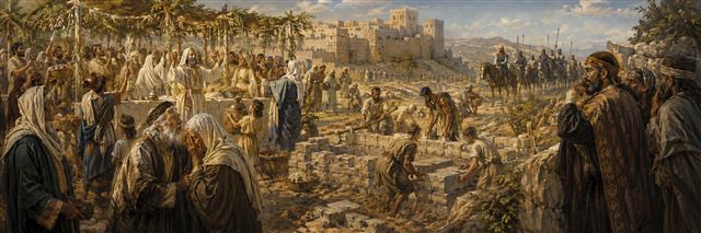 Returned exiles restore the altar and lay the temple foundation as elders weep and opponents watch